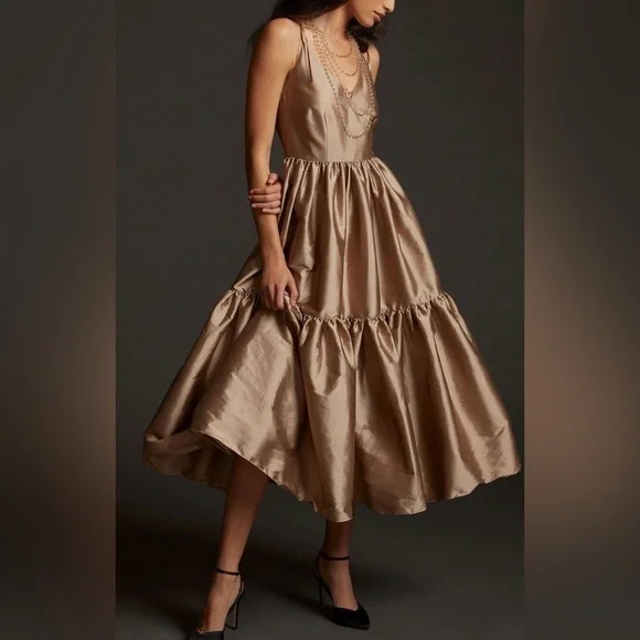 Bloni x Anthropologie Champagne Bronze Tiered V Neck Maxi Dress Size Small - Picture 1 of 9